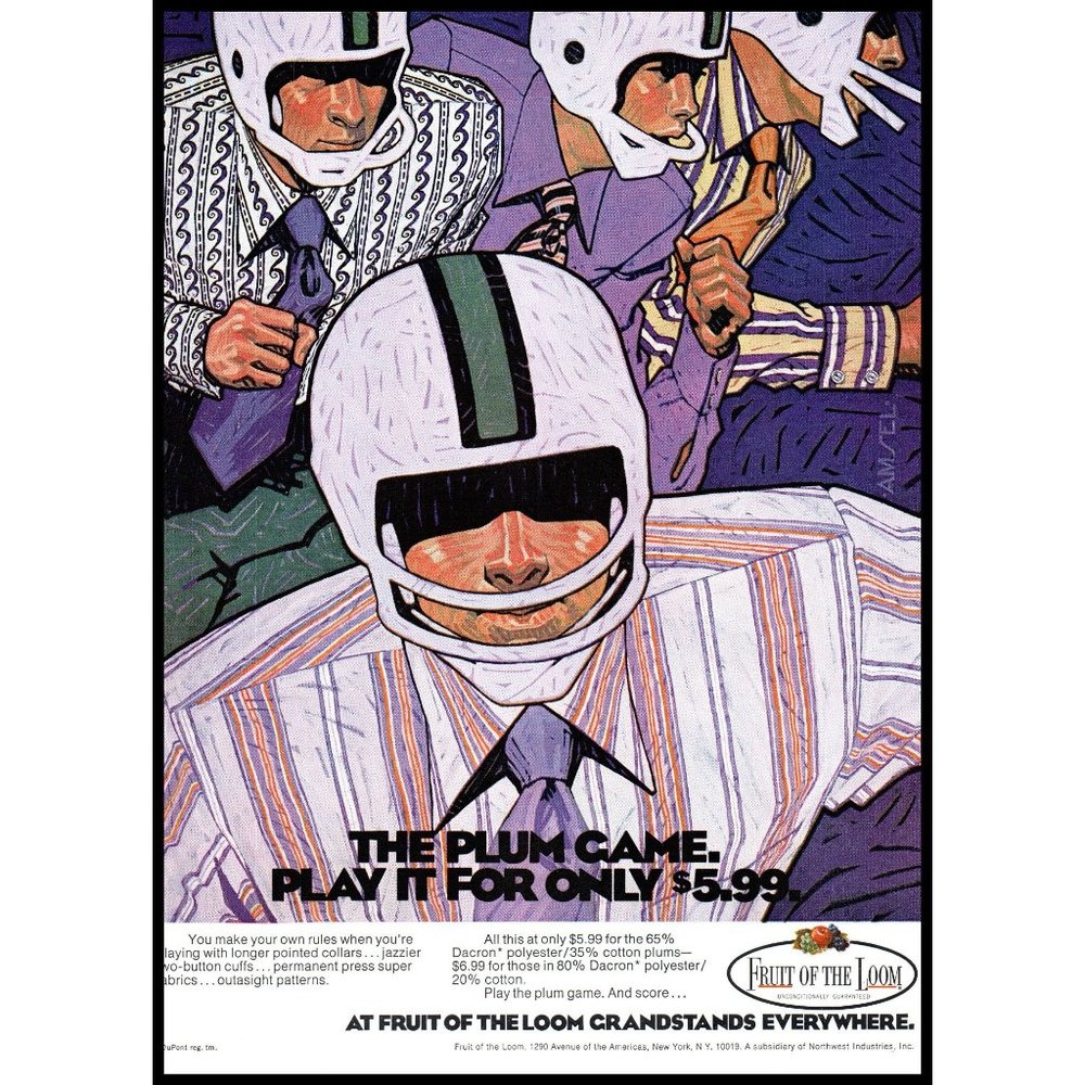 1971 Fruit of the Loom Dress Shirt Vintage Print Ad Football Players Wall Art